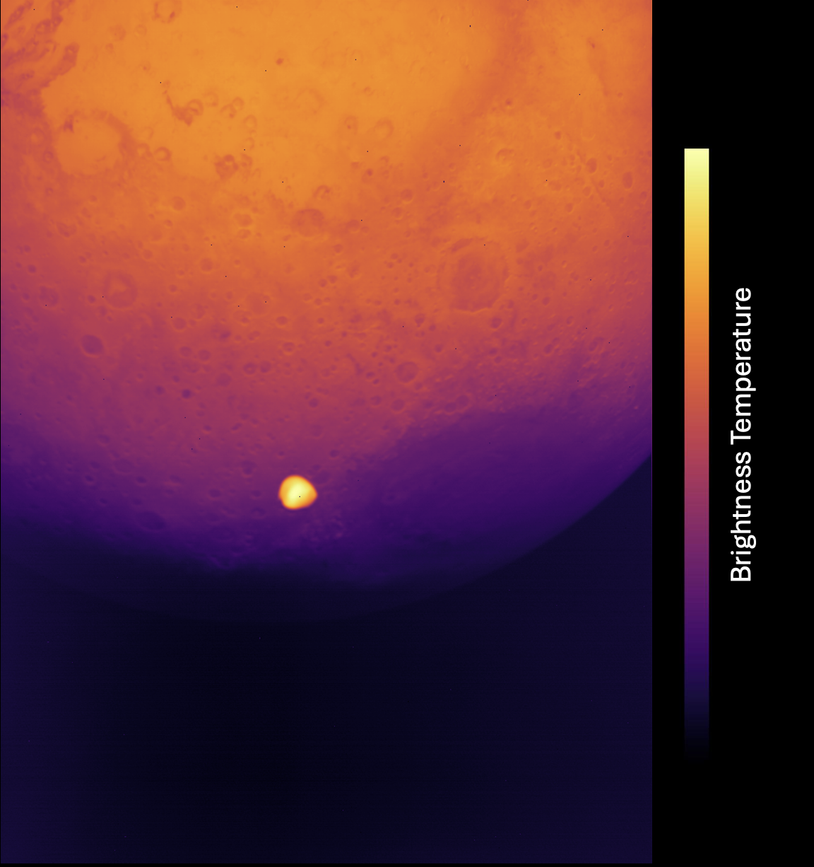 The Martian moon Deimos appears much brighter than the red planet in the background in this image