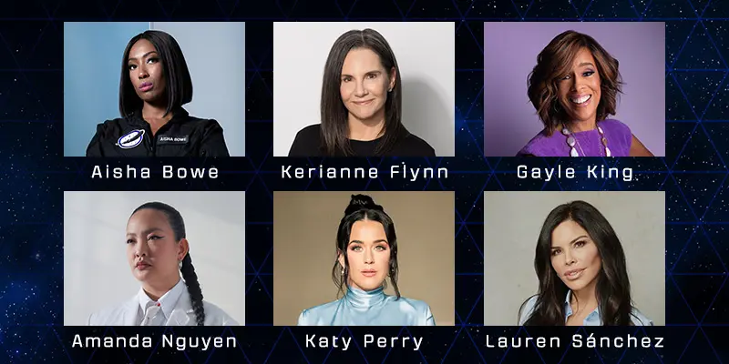Aisha Bowe, Amanda Nguyen, Gayle King, Katy Perry, Kerianne Flynn, and Lauren Sánchez. Credit : Blue Origin