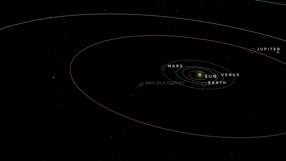 Animation showing the trajectory of the interstellar comet 3I/ATLAS (C/2025 N1) crossing the inner Solar System, with the orbits of Venus, Earth, Mars, and Jupiter.