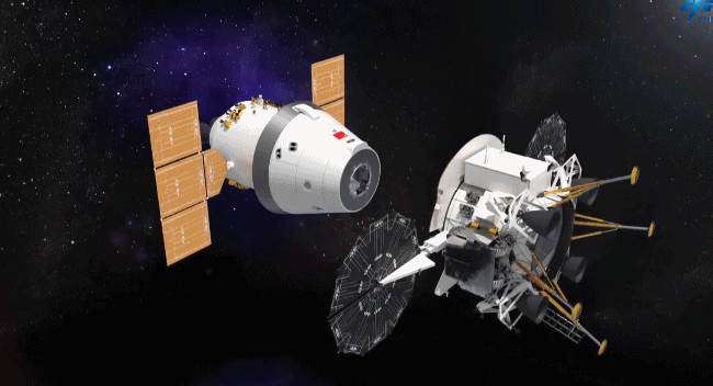 Animation of the Mengzhou spacecraft docking with the Lanyue lunar lander in lunar orbit against a backdrop of stars.