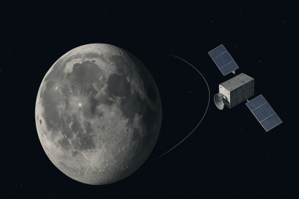 Artistic illustration of the Oasis-1 satellite in ultra-low polar orbit around the Moon, part of Blue Origin and Luxembourg’s mission to map lunar resources.