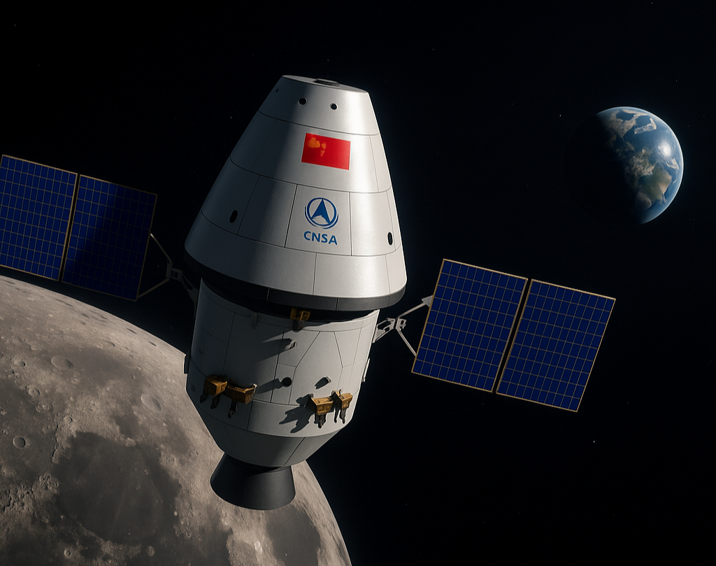 Artistic rendering of China’s Mengzhou spacecraft orbiting the Moon with Earth visible in the background.