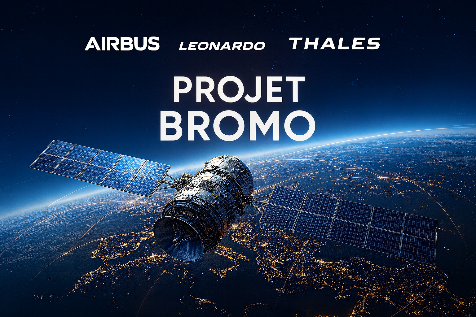 Satellite in orbit above Europe with the logos of Airbus, Leonardo and Thales and the title “Project BROMO.”