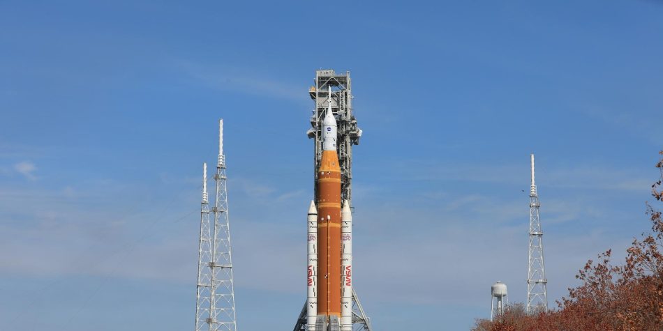 NASA’s Artemis II SLS rocket on the crawler-transporter returning to the Vehicle Assembly Building at Kennedy Space Center.