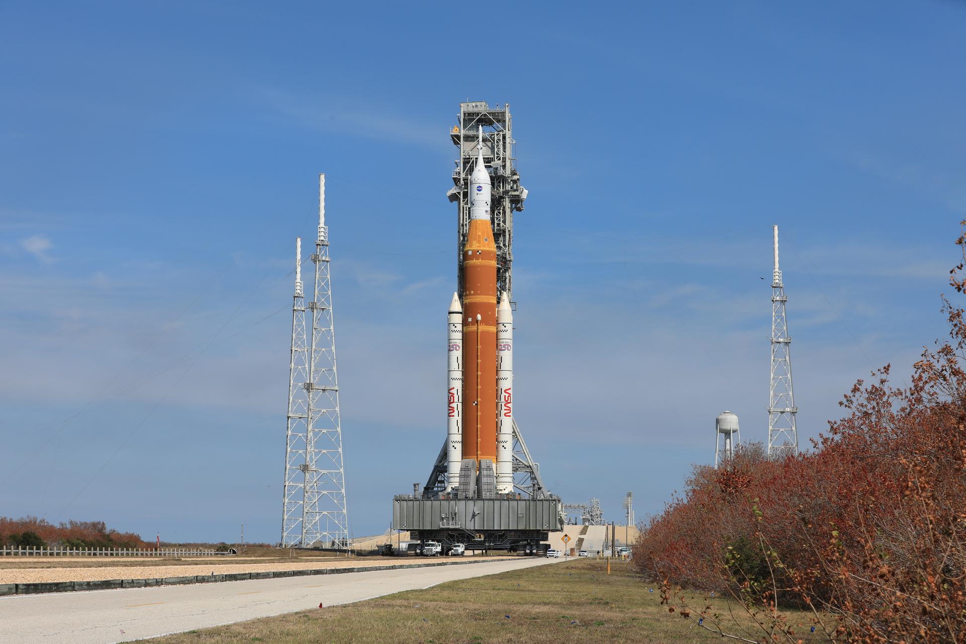 NASA’s Artemis II SLS rocket on the crawler-transporter returning to the Vehicle Assembly Building at Kennedy Space Center.