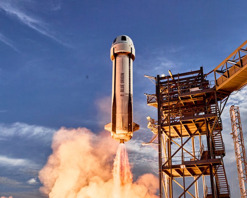 Blue Origin New Shepard rocket launching for suborbital space tourism flight