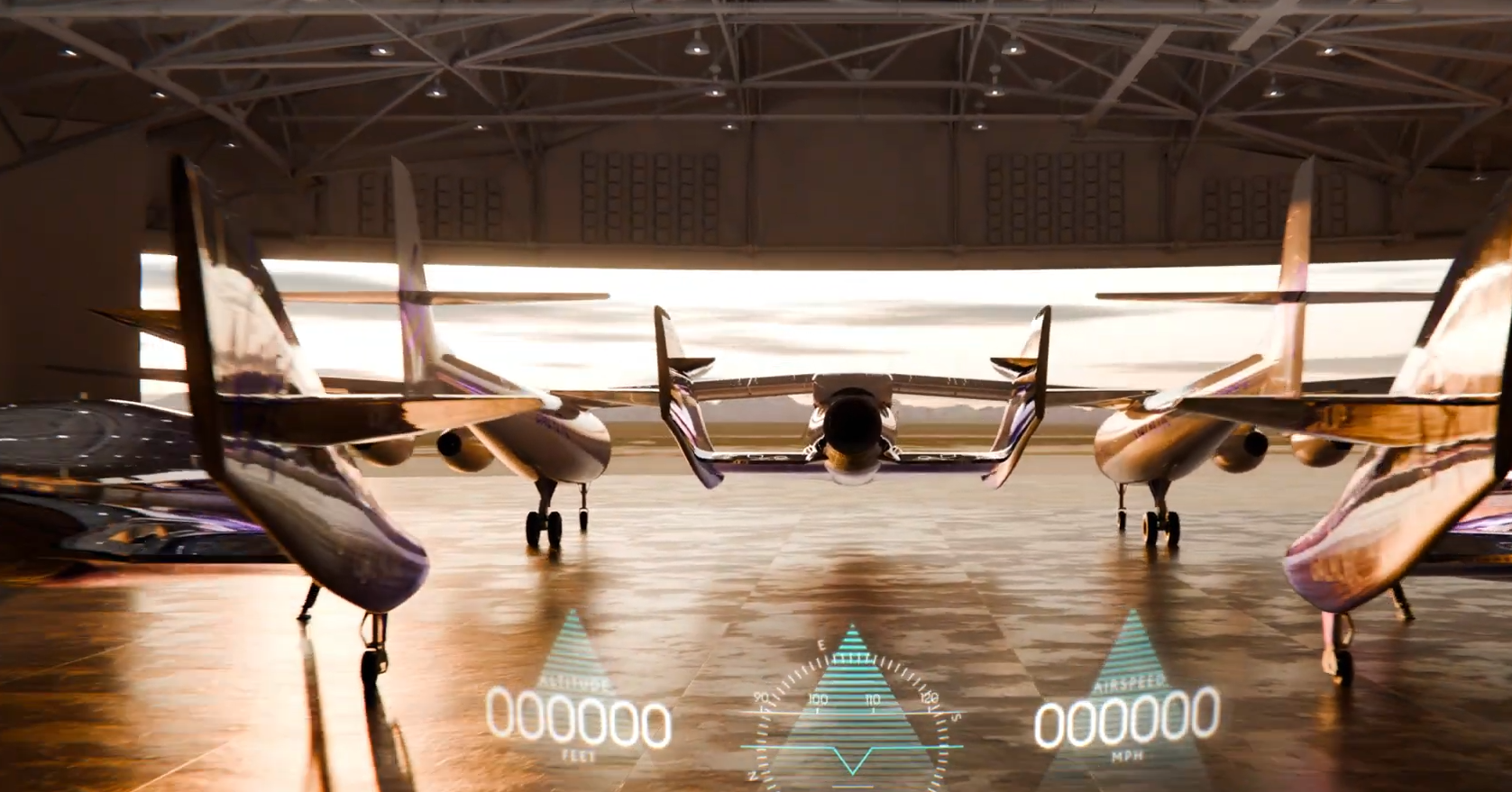 Virgin Galactic Delta spaceplanes fleet in hangar for frequent suborbital space tourism flights